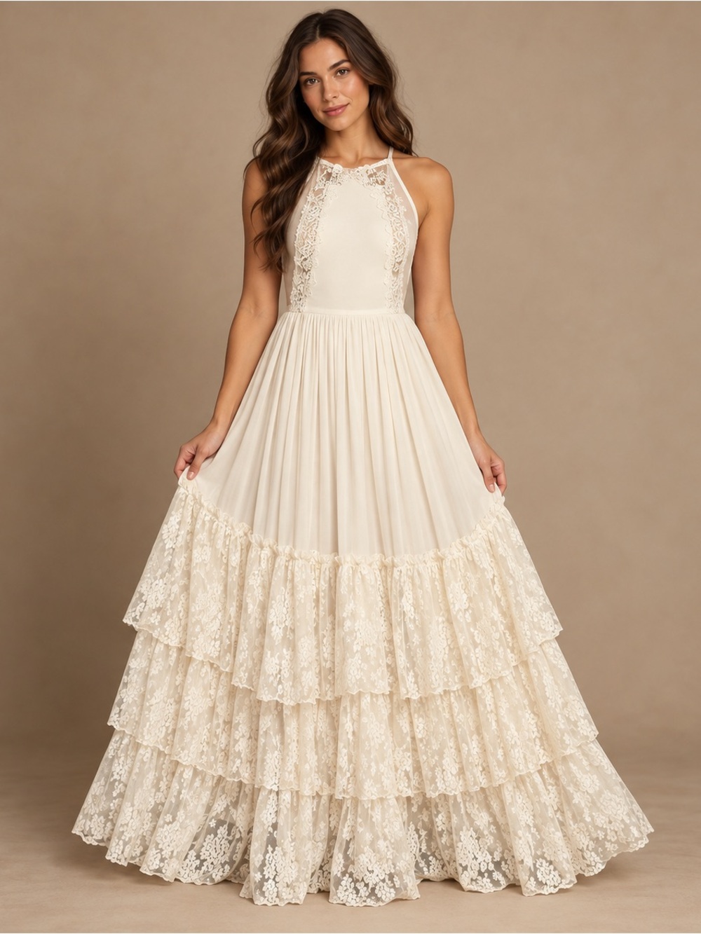 Joy Fule Catrin Dress in Cream Size 14 Lace Tiered Maxi Dress